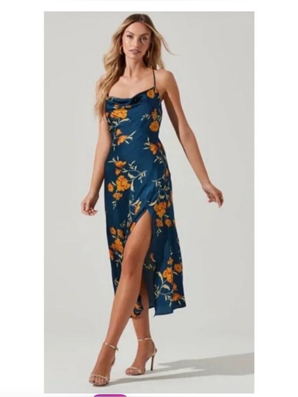 Astr Navy Slip Midi Dress with Mustard Floral Print